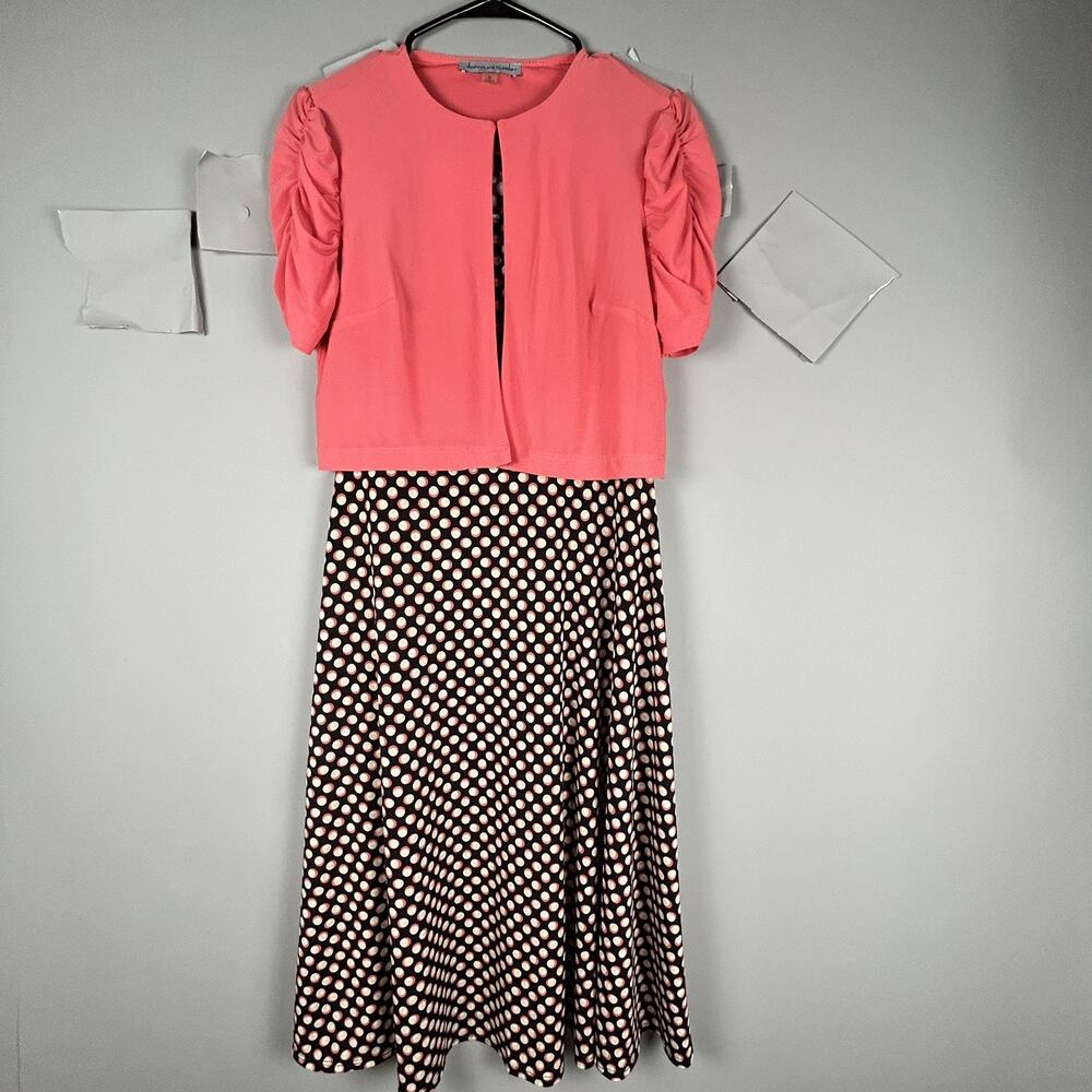 Danny & Nicole 2 Piece Dress Jacket Set Small Polka Dot Coral Black Retro